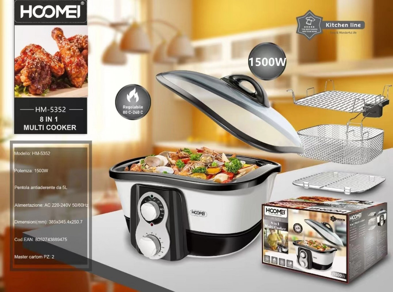 Hoomei® 8 σε 1 Πολυμάγειρας 1500W με Αφαιρούμενο Αντικολλητικό Κάδο 5lt - Ρυθμιζόμενη Θερμοκρασία 80-240°C & Χρονόμετρο